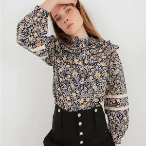 Sonmer Black Yellow Floral Ruffle Button Front Elsa Blouse Long Sleeve Shirt